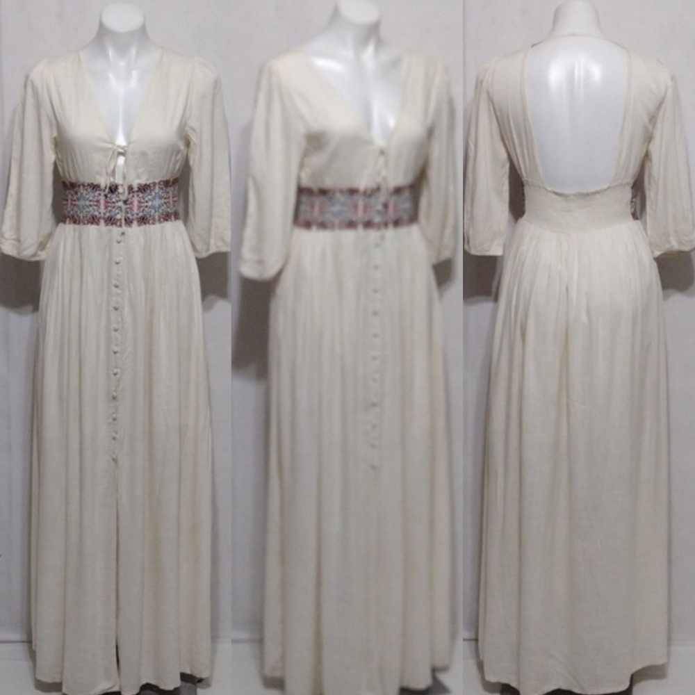 Patrons of Peace Embroidered Waist Open Back Maxi Dress Small Boho Chic Elegant